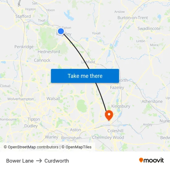 Bower Lane to Curdworth map
