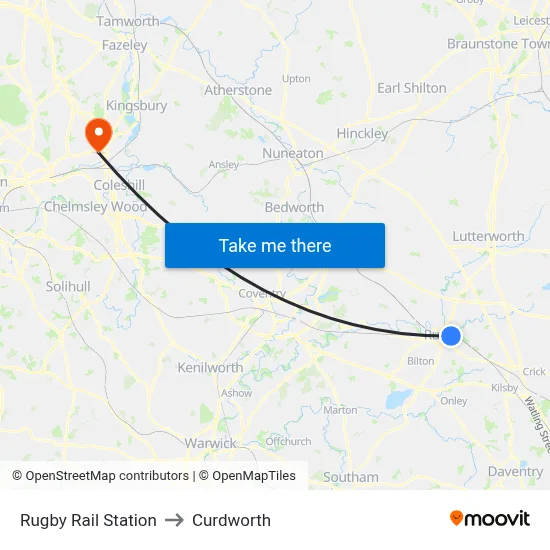 Rugby Rail Station to Curdworth map