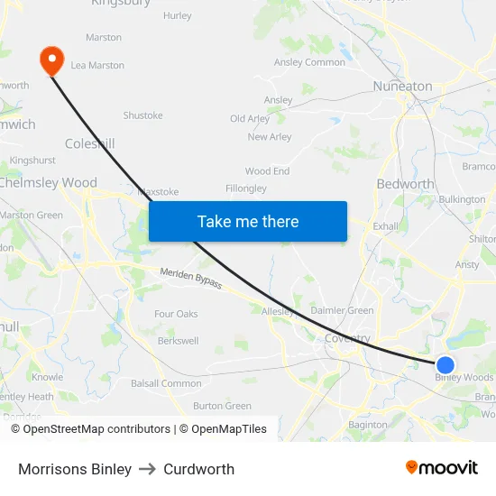 Morrisons Binley to Curdworth map