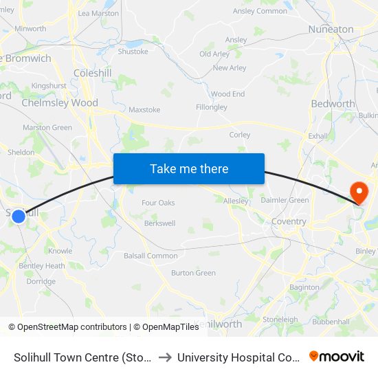 Solihull Town Centre (Stop Sm) to University Hospital Coventry map