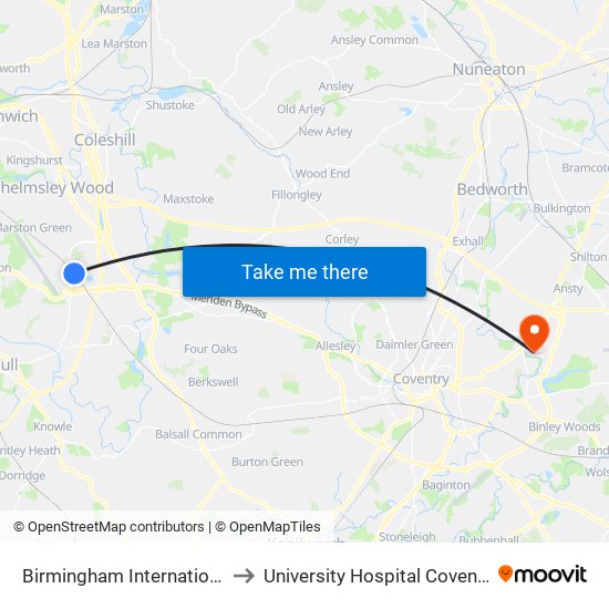 Birmingham International to University Hospital Coventry map