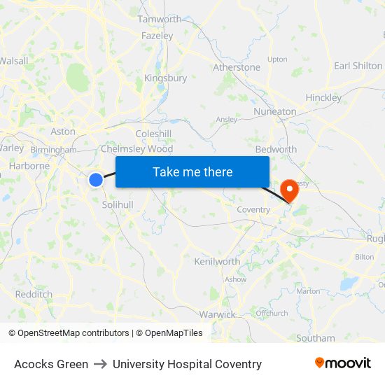 Acocks Green to University Hospital Coventry map