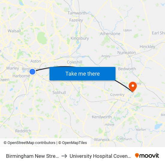 Birmingham New Street to University Hospital Coventry map