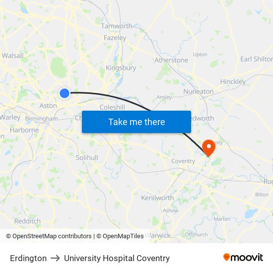 Erdington to University Hospital Coventry map