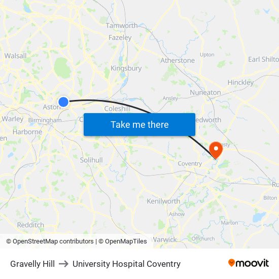 Gravelly Hill to University Hospital Coventry map