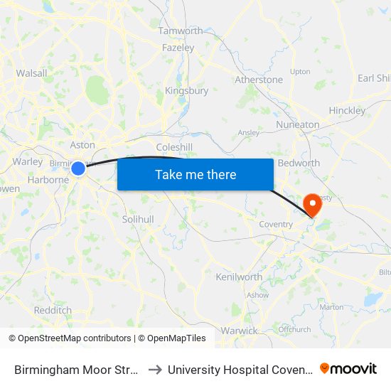 Birmingham Moor Street to University Hospital Coventry map