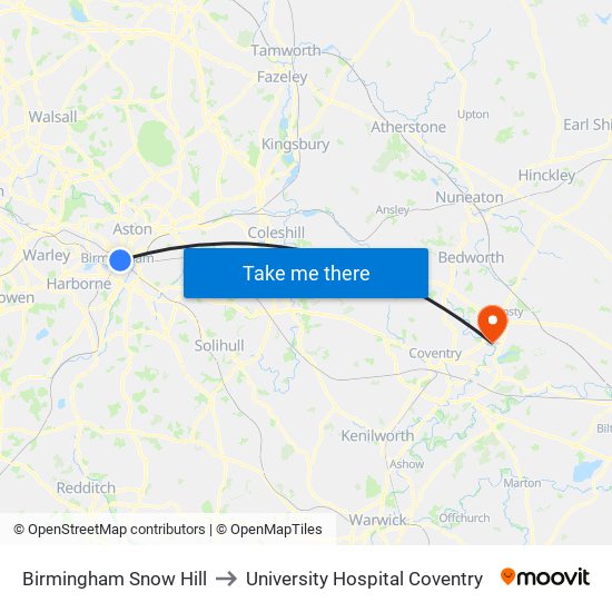 Birmingham Snow Hill to University Hospital Coventry map