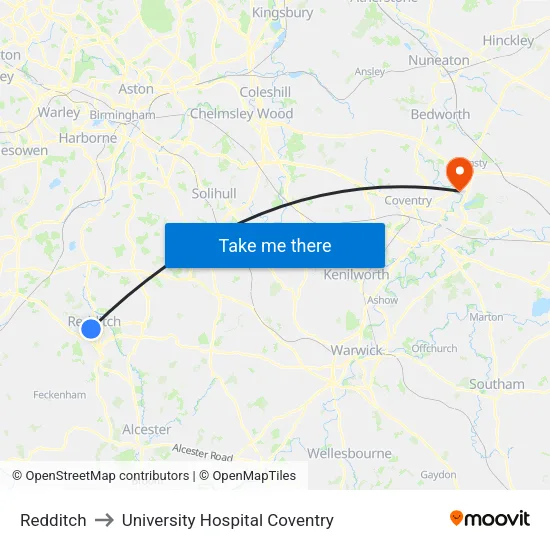 Redditch to University Hospital Coventry map