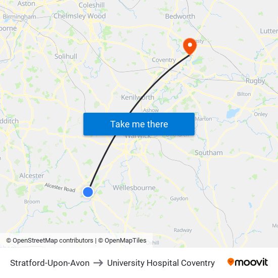 Stratford-Upon-Avon to University Hospital Coventry map