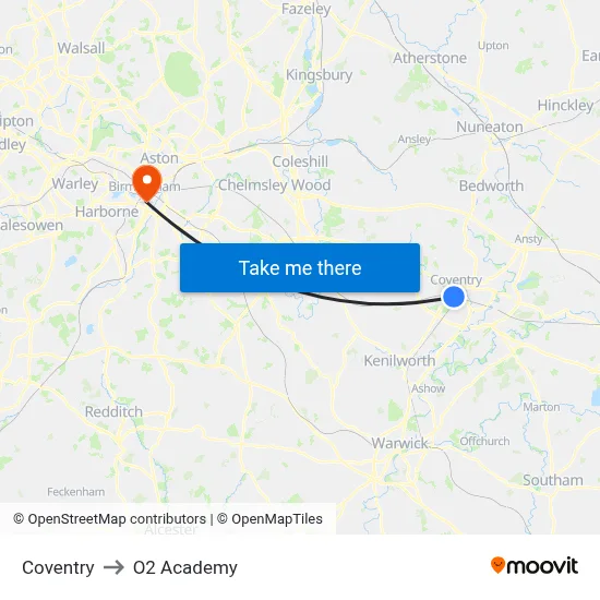 Coventry to O2 Academy map