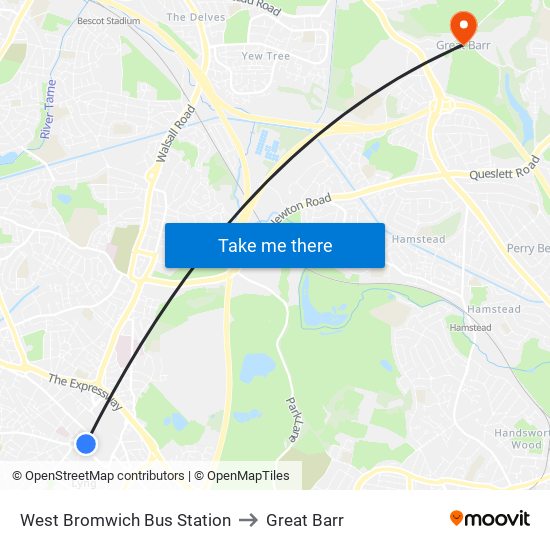 West Bromwich Bus Station to Great Barr map