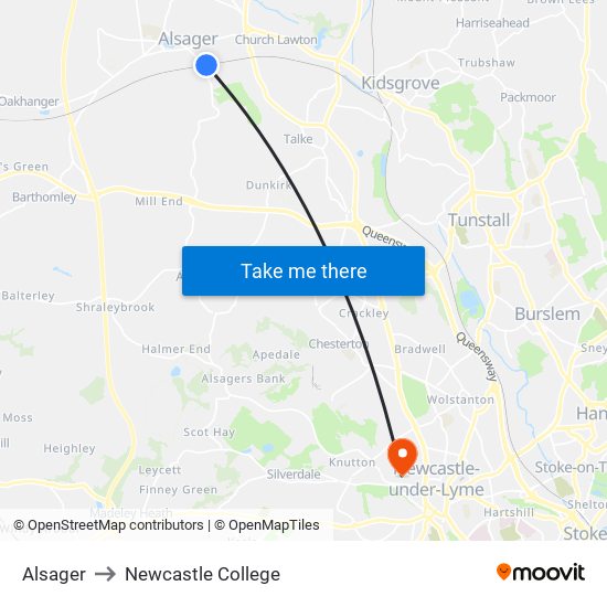 Alsager to Newcastle College map