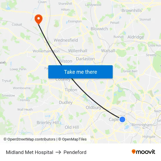 Midland Met Hospital to Pendeford map