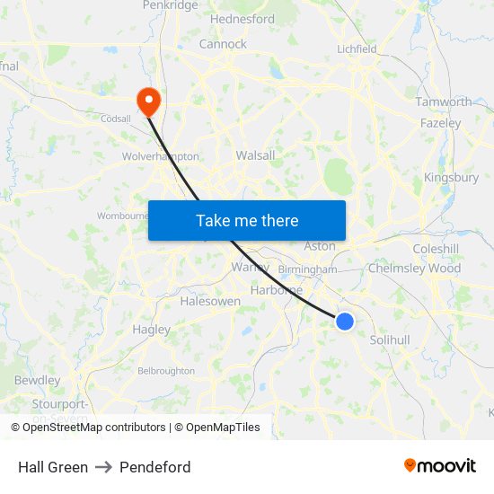 Hall Green to Pendeford map