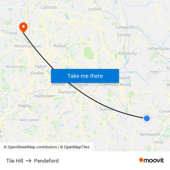 Tile Hill to Pendeford map