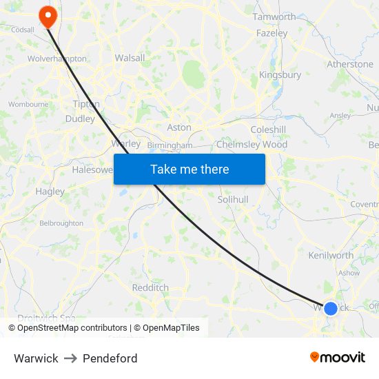 Warwick to Pendeford map
