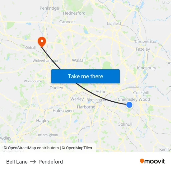 Bell Lane to Pendeford map