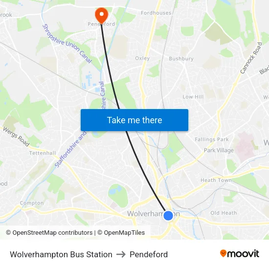 Wolverhampton Bus Station to Pendeford map