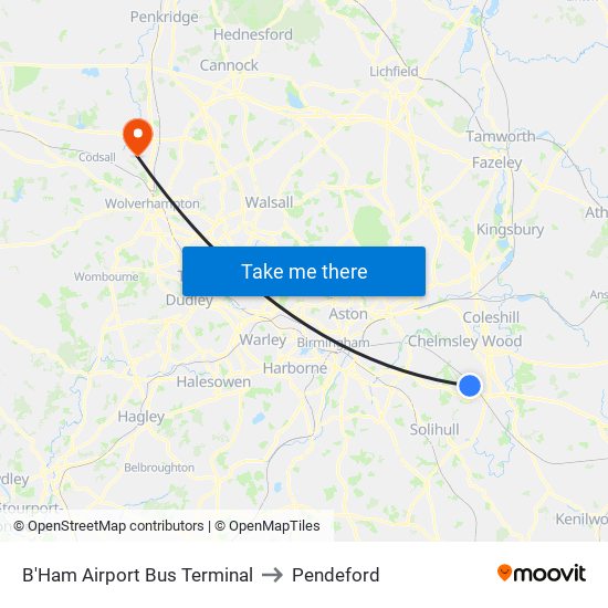 B'Ham Airport Bus Terminal to Pendeford map
