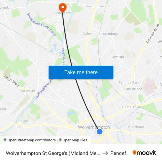 Wolverhampton St George's (West Midlands Metro) to Pendeford map