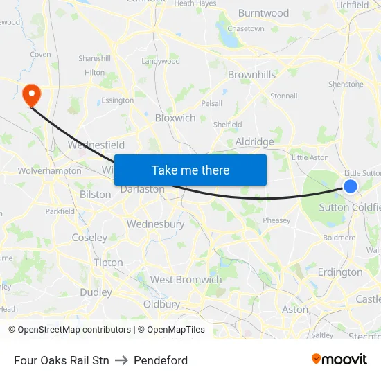 Four Oaks Rail Stn to Pendeford map