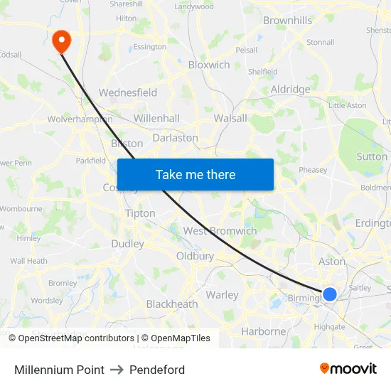 Millennium Point to Pendeford map