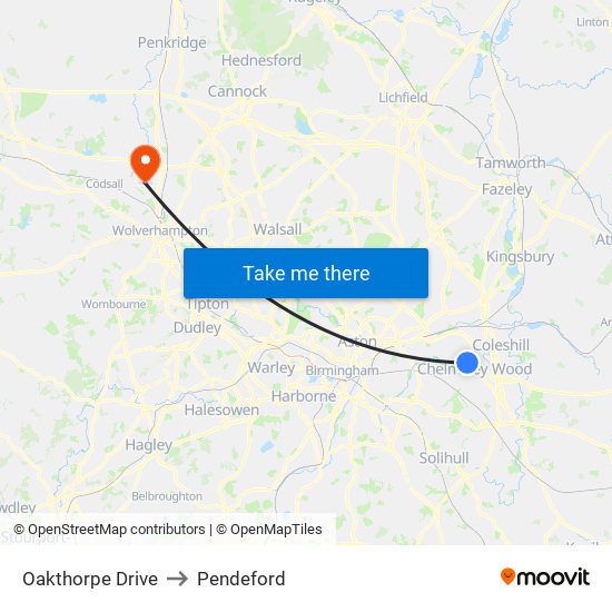 Oakthorpe Drive to Pendeford map