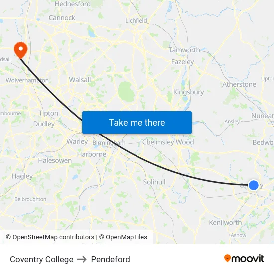 Coventry College to Pendeford map