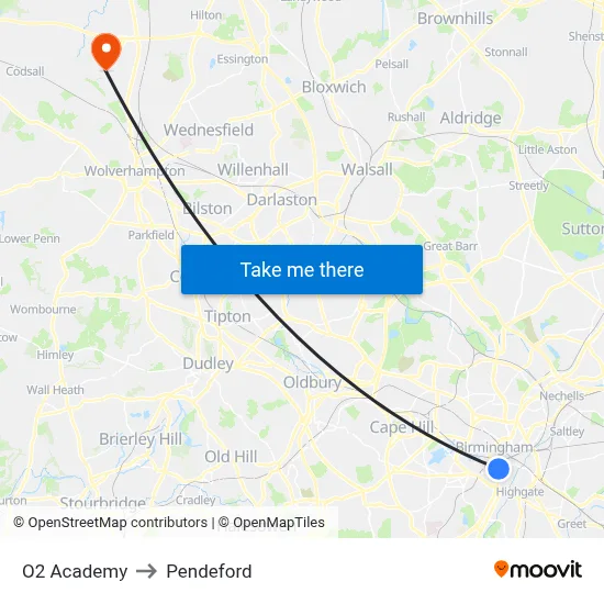 O2 Academy to Pendeford map