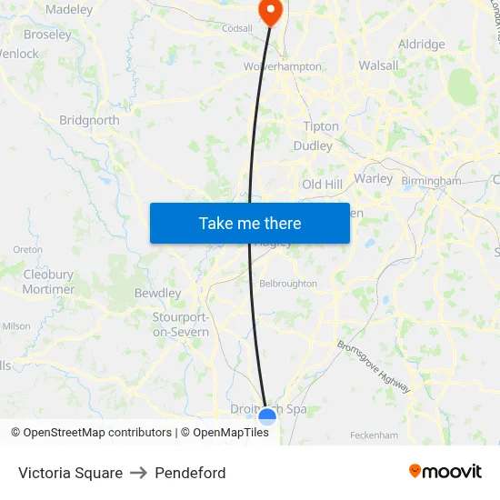 Victoria Square to Pendeford map
