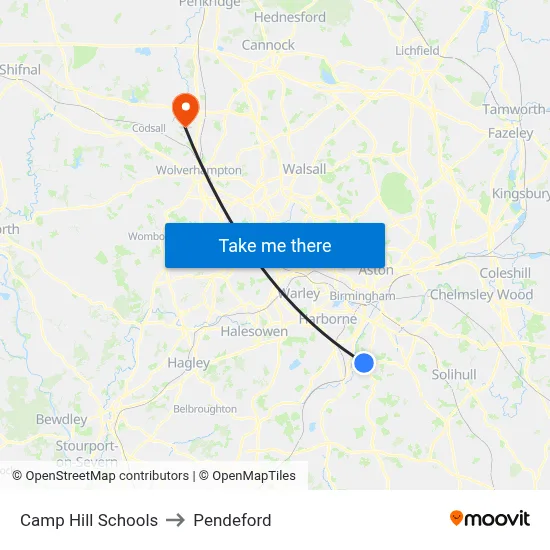 Camp Hill Schools to Pendeford map