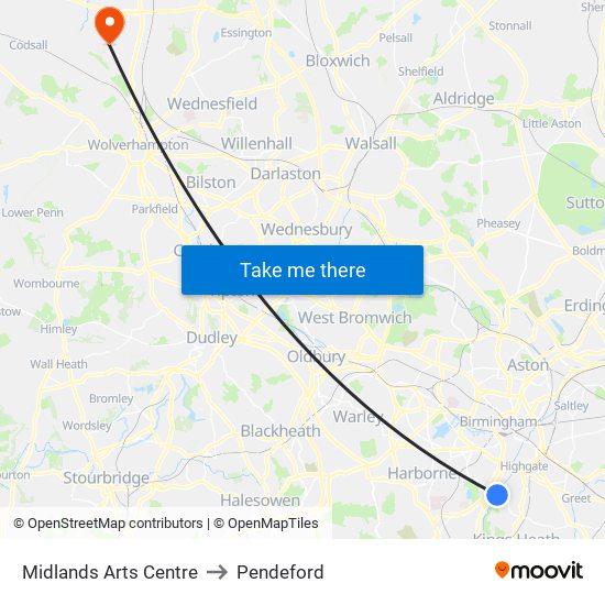 Midlands Arts Centre to Pendeford map