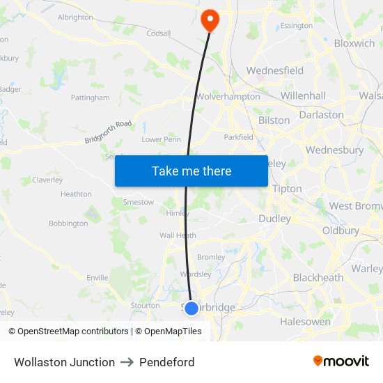 Wollaston Junction to Pendeford map