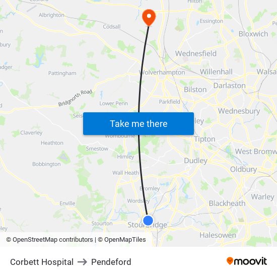 Corbett Hospital to Pendeford map