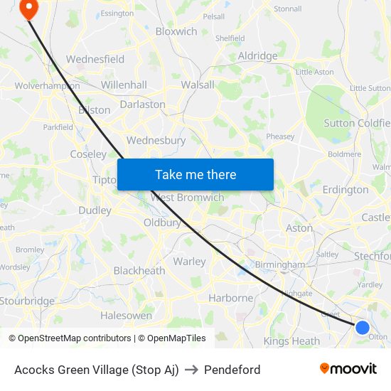 Acocks Green Village (Stop Aj) to Pendeford map
