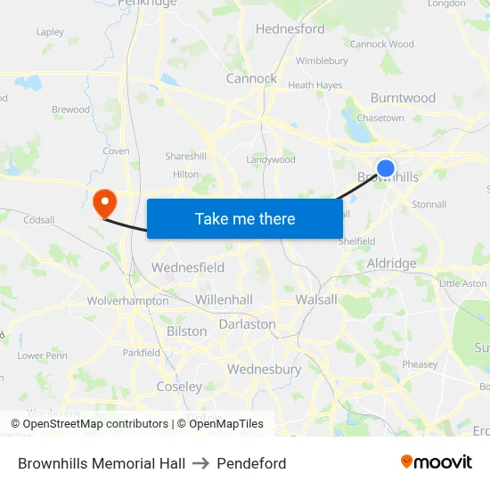 Brownhills Memorial Hall to Pendeford map