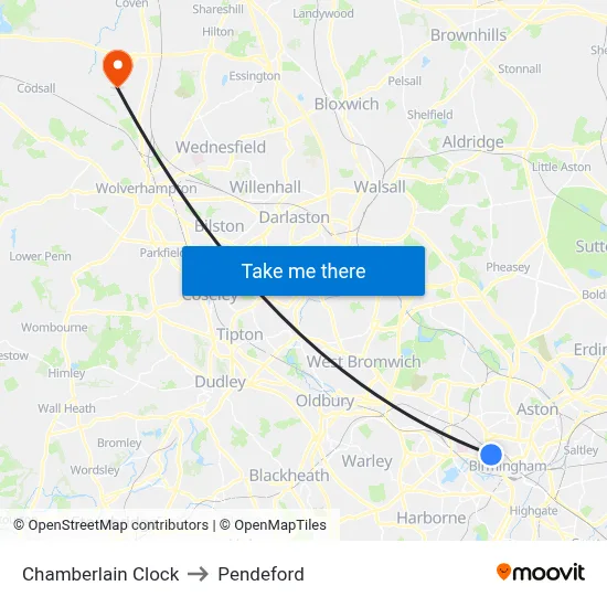 Chamberlain Clock to Pendeford map