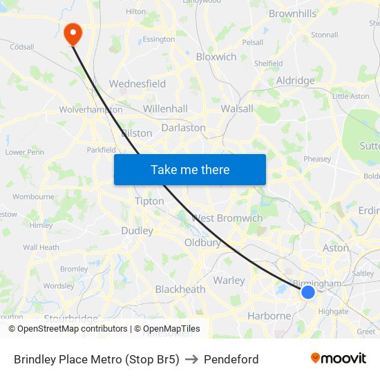 Brindley Place Metro (Stop Br5) to Pendeford map