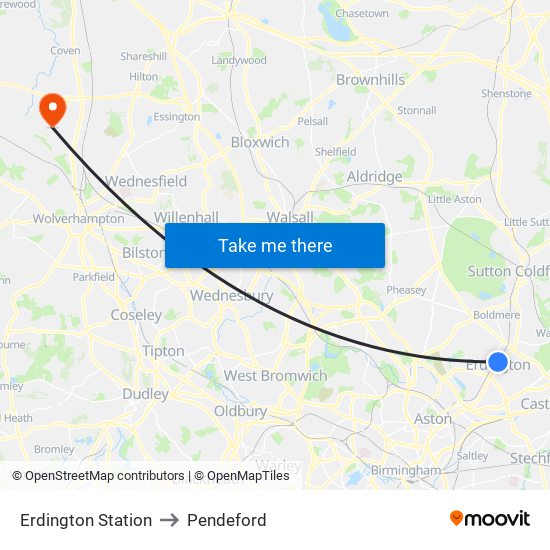 Erdington Station to Pendeford map