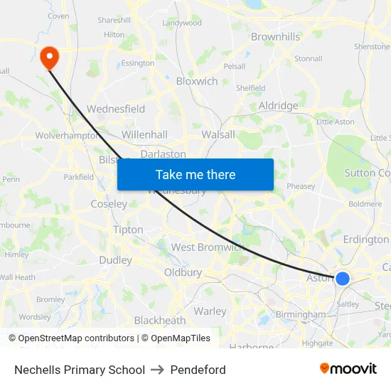 Nechells Primary School to Pendeford map