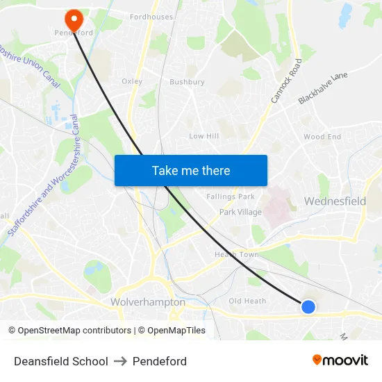 Deansfield School to Pendeford map
