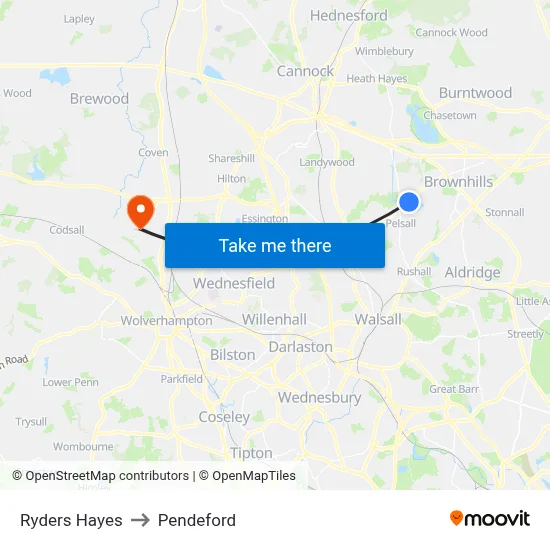Ryders Hayes to Pendeford map