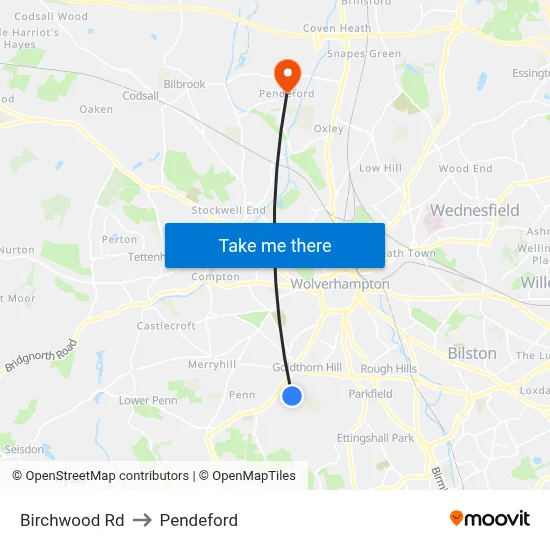 Birchwood Rd to Pendeford map