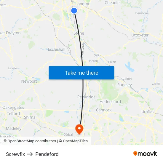 Screwfix to Pendeford map