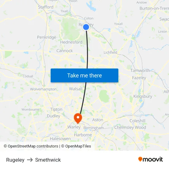 Rugeley to Smethwick map