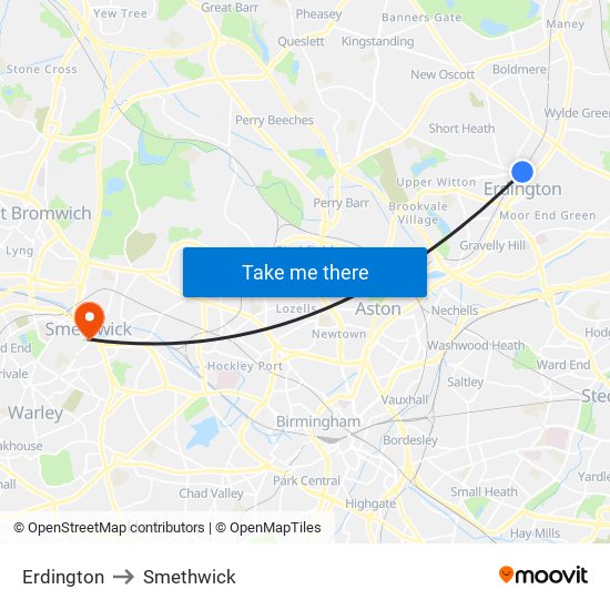 Erdington to Smethwick map