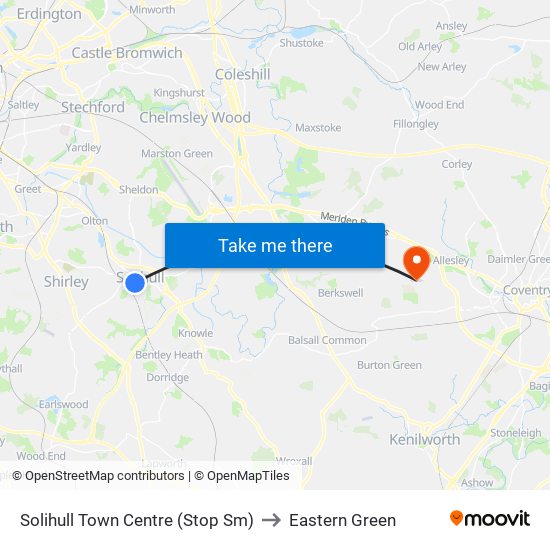 Solihull Town Centre (Stop Sm) to Eastern Green map