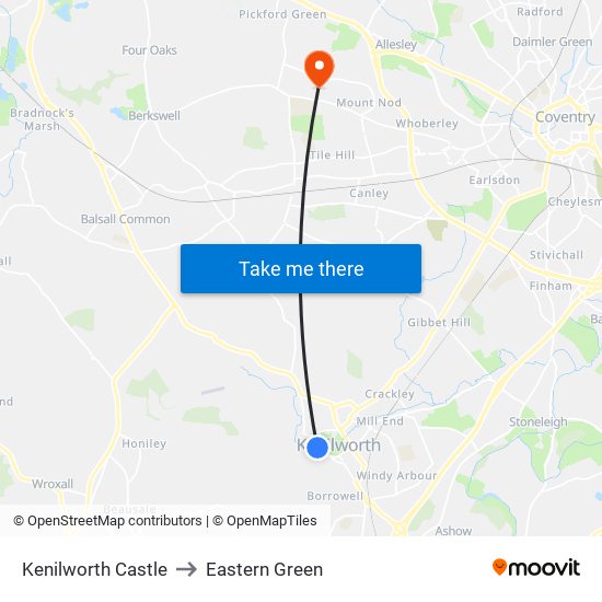 Kenilworth Castle to Eastern Green map