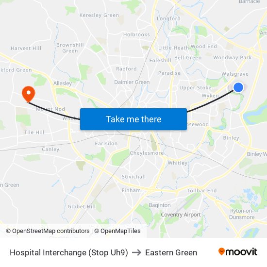 Hospital Interchange (Stop Uh9) to Eastern Green map