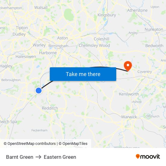 Barnt Green to Eastern Green map